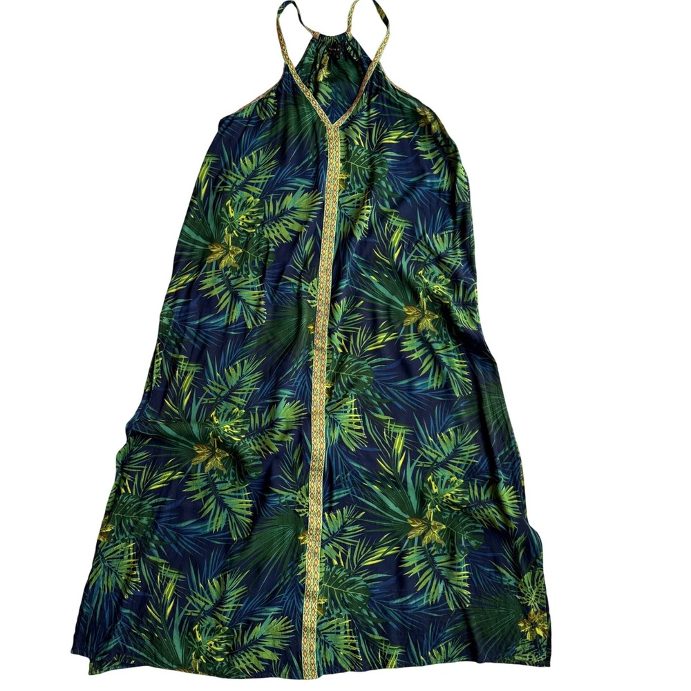 America & Beyond Tropical Palm Print Halter Maxi Dress Green Navy XL Pockets